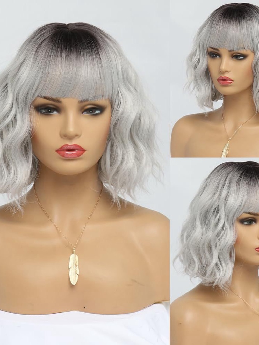 Silver Ombre Wavy Bob Wig with Bangs - Women Hair